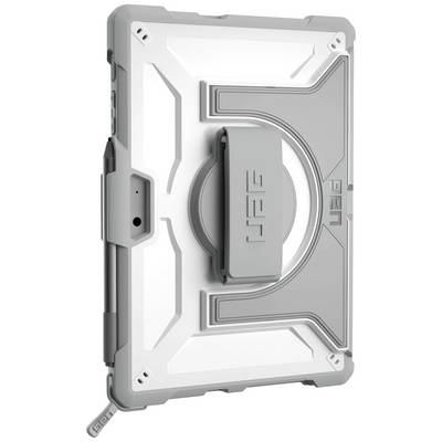Étui de protection pour tablette avec design robuste, couleur grise et support intégré pour une utilisation verticale.