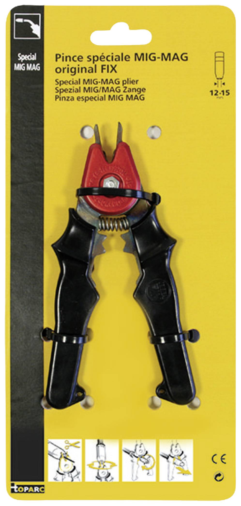 'Pince spéciale MIG-MAG pour fixer l'original. Adaptée aux travaux de soudure. L'emballage jaune présente la pince et trois petites illustrations de son utilisation.'
