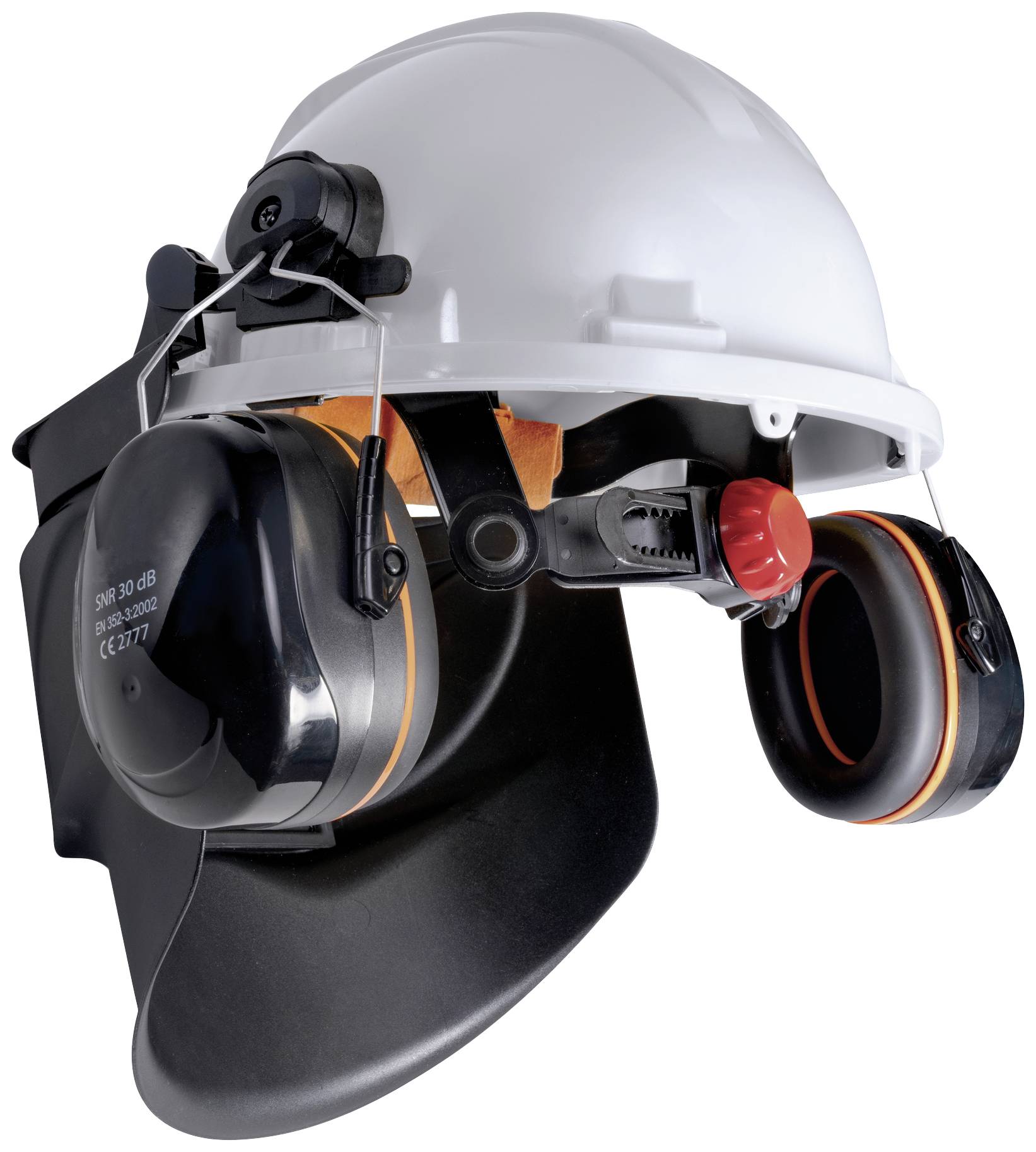 Un casque de sécurité blanc avec des protections auditives intégrées et un écran facial. Fréquemment utilisé dans l'industrie de la construction pour assurer la sécurité.