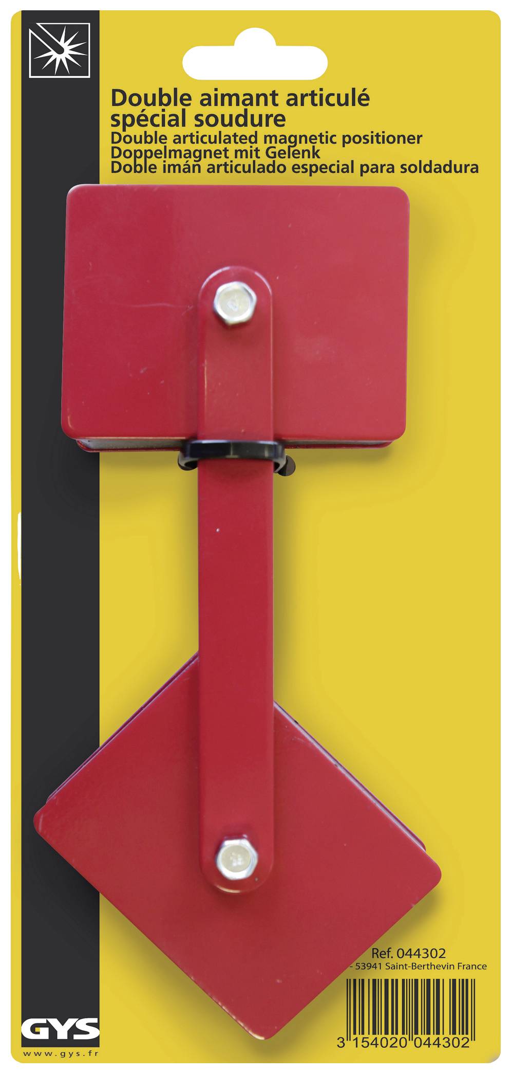 Positionneur de soudage à double aimant, emballé, laqué en rouge avec articulation, fond jaune, adapté aux travaux de soudure.