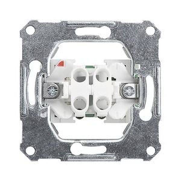 Interrupteur unipolaire sans plaque de finition, monté dans un cadre métallique, révélant des bornes à vis et des composants en plastique.