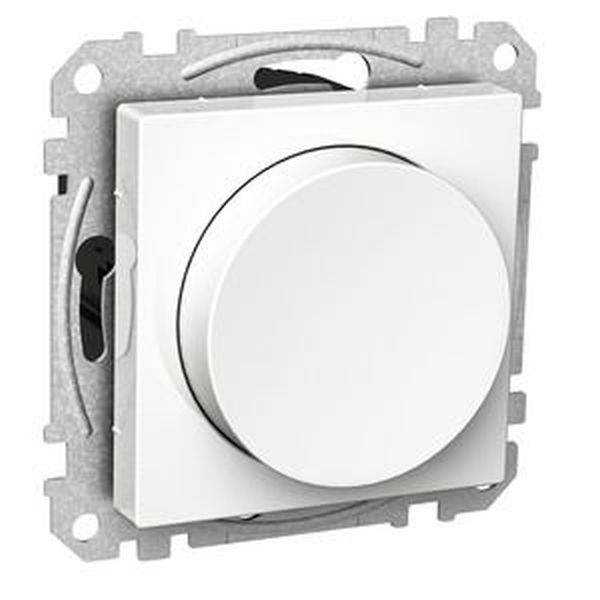 Variateur électrique dans un support carré avec un grand bouton rotatif, à monter sur le mur, adapté pour régler l'intensité lumineuse.