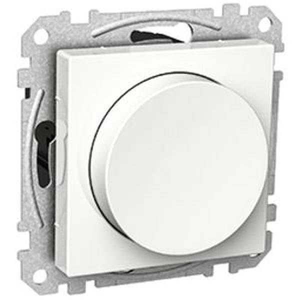 Un bouton rotatif blanc dans un boîtier carré, monté sur une plaque rectangulaire grise, typiquement utilisé pour un variateur de lumière.