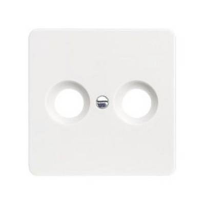Plaque de protection de prise électrique blanche, carrée, avec deux ouvertures rondes.
