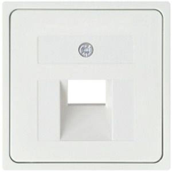 Connecteur blanc pour câble réseau avec ouverture de montage, adapté pour une installation murale dans les réseaux de bureaux ou domestiques.