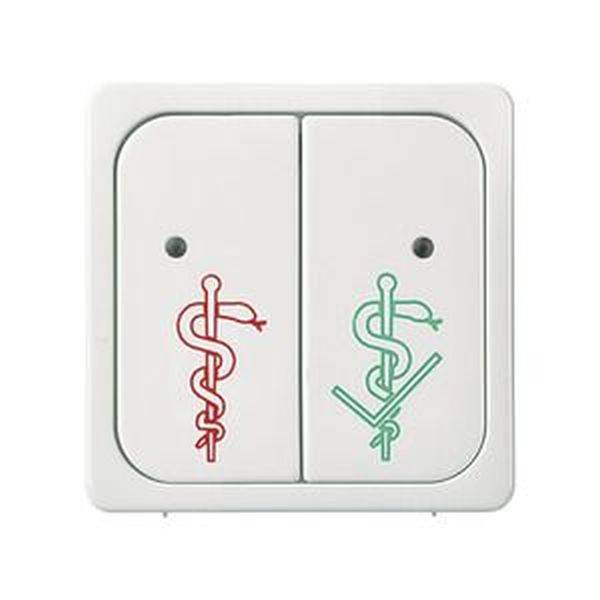 Deux interrupteurs avec des symboles médicaux : à gauche un caducée rouge avec un serpent, à droite un symbole vert avec une coche.