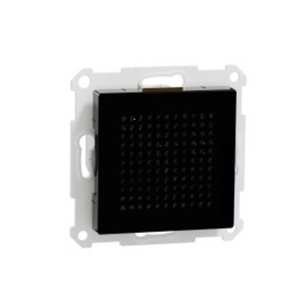 Interrupteur noir au design rectangulaire avec motif ponctuel, monté sur un cadre de fixation blanc.