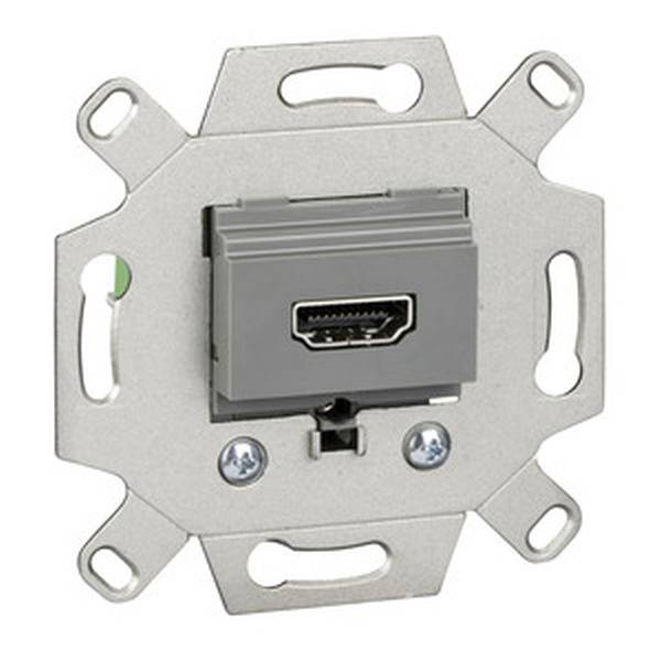 Prise murale HDMI avec cadre métallique pour fixation. Adaptée pour le raccordement de câbles HDMI dans les murs, permet une installation propre et soignée.
