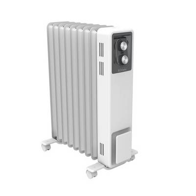 Un radiateur électrique blanc à ailettes, monté sur roulettes. Adapté pour chauffer les espaces intérieurs.