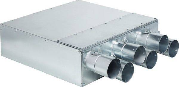 Appareil de ventilation métallique équipé de plusieurs sorties d'air circulaires sur un côté, adapté aux systèmes de ventilation des bâtiments.
