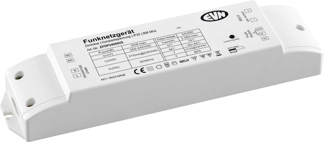 Récepteur/contrôleur de puissance sans fil EVN 'Funknetzgerät' blanc dans un boîtier en plastique blanc, présenté sur un fond neutre.