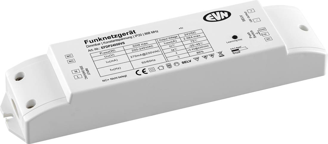 Dispositif de commande sans fil EVN blanc étiqueté 'Funknetzgerät' avec spécifications techniques imprimées et trous de montage.