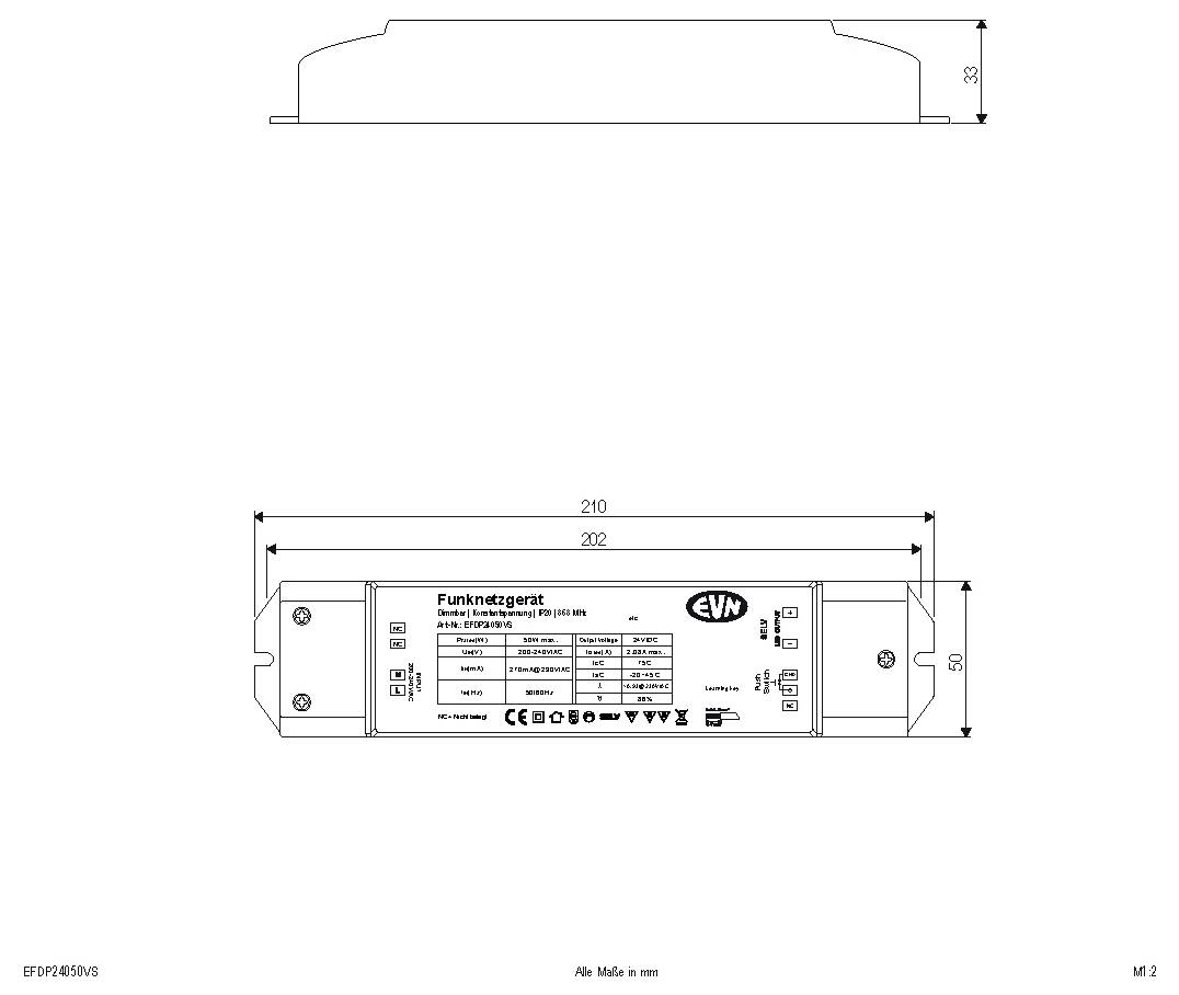 Dessin technique d'un appareil radio rectangulaire montrant les vues de dessus et de face avec les dimensions de 210 mm de longueur, 50 mm de hauteur et 33 mm de profondeur.