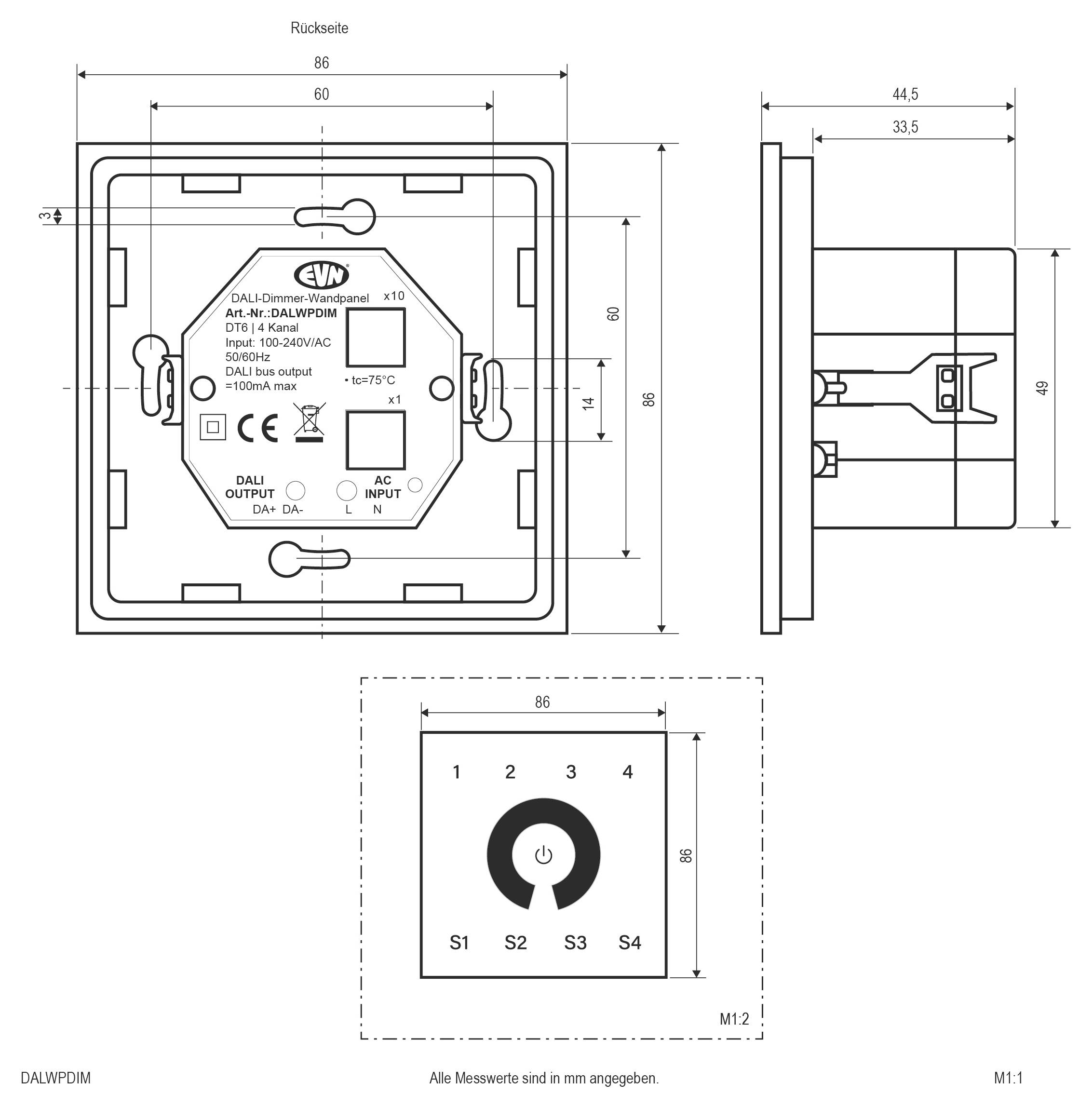 Dessin technique d'un panneau mural DALIWPIDM et vue latérale, plus panneau de commande avant avec bouton d'alimentation et étiquettes S1-S4, tous mesurés en mm.