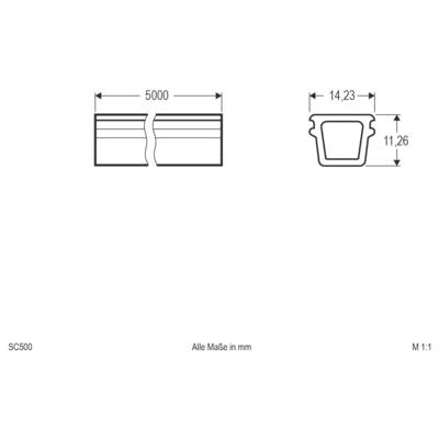 Diagramme technique de profil de conteneur, montrant une largeur de 5000 mm et des dimensions de section transversale de 14,23 mm par 11,26 mm.