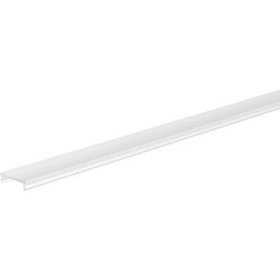 Bande de finition en plastique blanc avec un canal étroit, présentée en diagonale sur un fond uni.