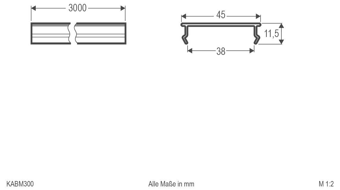 Dessin technique d'un profil métallique : longueur droite 3000 mm, section transversale 45 mm de largeur, 38 mm de largeur intérieure, 11,5 mm de hauteur, toutes les dimensions en mm.