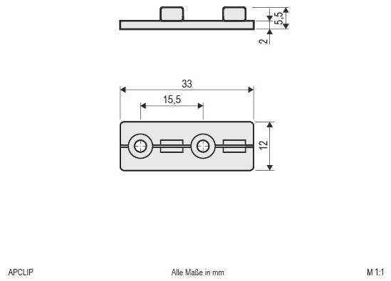 Dessin technique d'un petit clip rectangulaire, montrant les vues de dessus et latérales avec les dimensions en millimètres : 33 mm de long, 12 mm de large, 5,5 mm de haut.