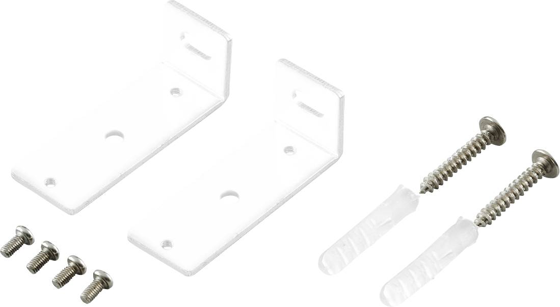 Kit de matériel de montage avec deux supports d'angle blancs, quatre petites vis et deux chevilles murales avec longues vis.