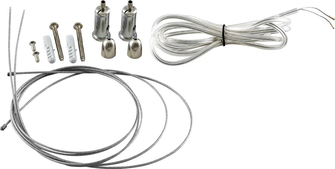 Kit de quincaillerie de câbles assortis avec câbles métalliques, petites vis, chevilles et entretoises réglables sur fond blanc.