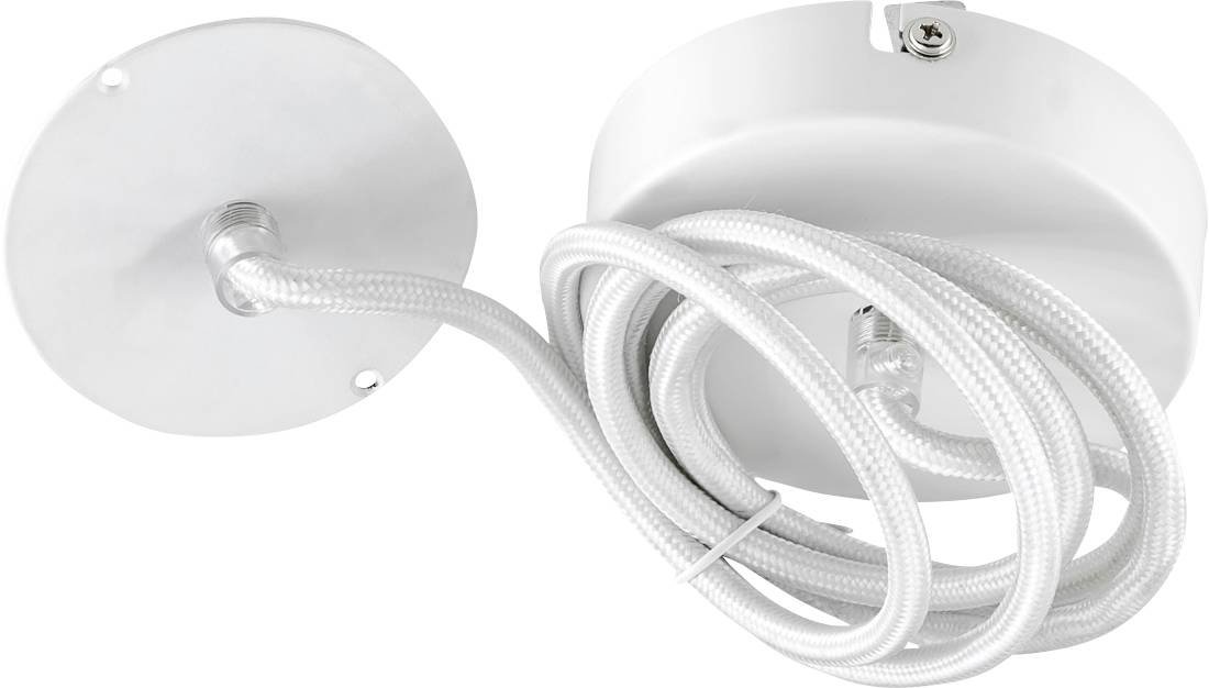 Luminaire de plafond blanc avec une plaque de base ronde et un cordon blanc enroulé, vu de dessous
