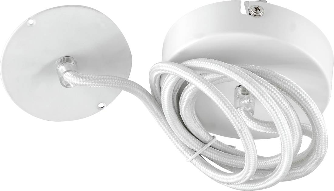 Luminaire de plafond blanc avec support rond et cordon blanc enroulé attaché, présenté sur un fond uni.