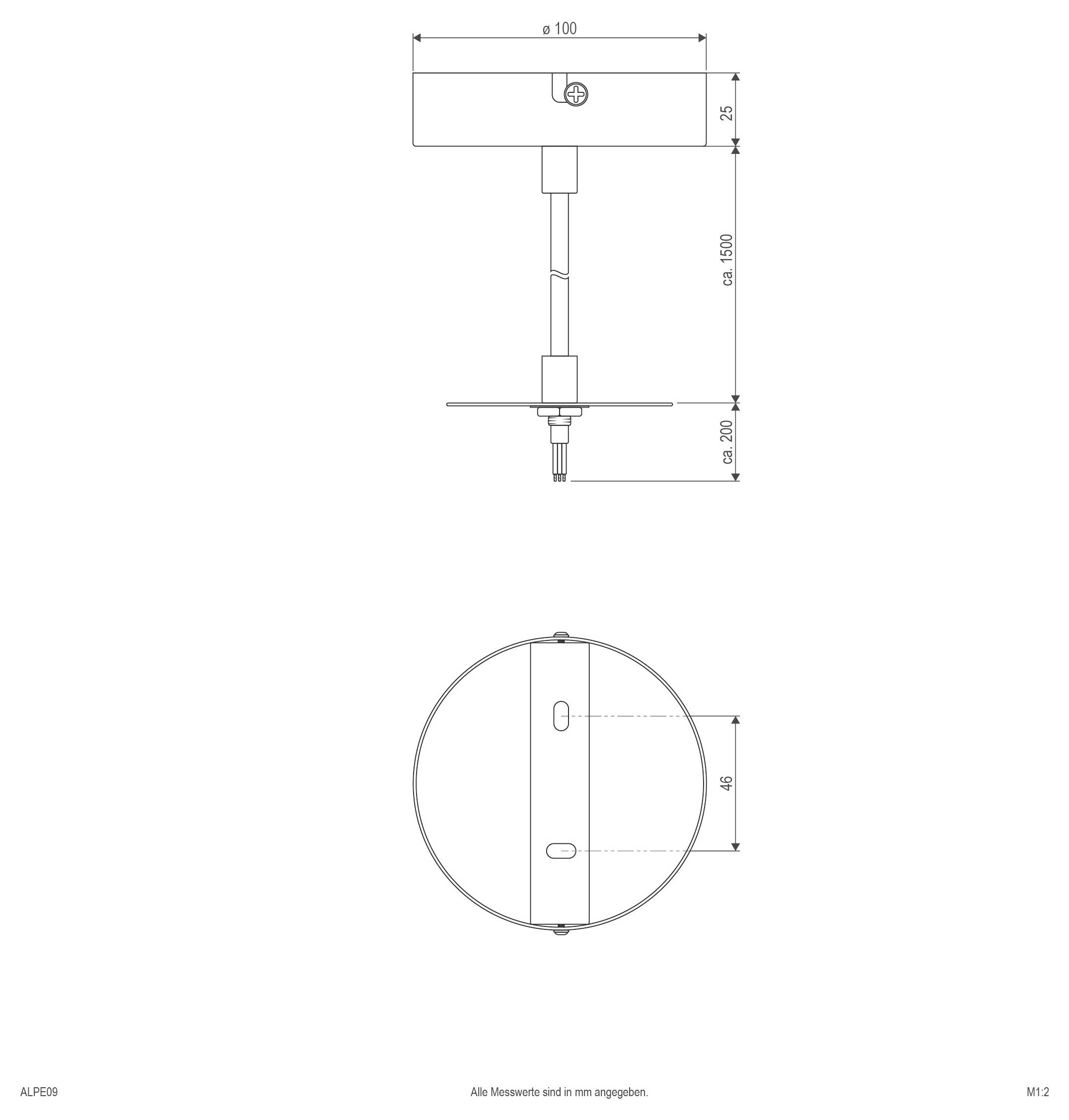 Dessin technique d'un luminaire de plafond monté en saillie avec une base circulaire, une tige ajustable et une tête de lampe orientée vers le bas, montrant les vues de face et de dessus avec les dimensions.