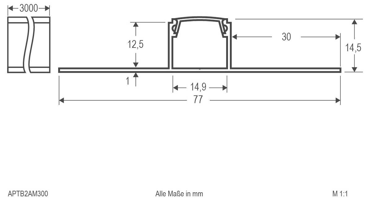 Dessin technique de dimension d'un profil métallique/serre, montrant une coupe transversale et une vue de côté avec des mesures en millimètres, incluant une longueur de 77 mm, une largeur de 30 mm, une hauteur de 14,5 mm et un décalage de 12,5 mm.