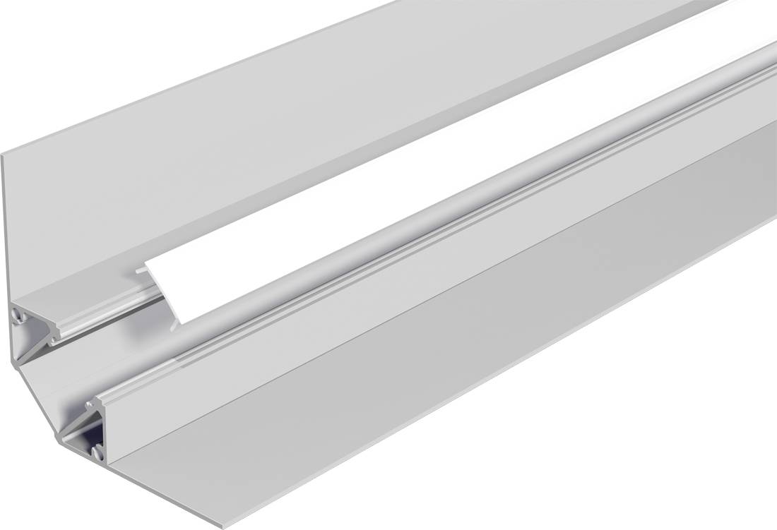 Canal de luminaire LED en aluminium long avec un diffuseur blanc, montré en perspective sur un fond blanc.