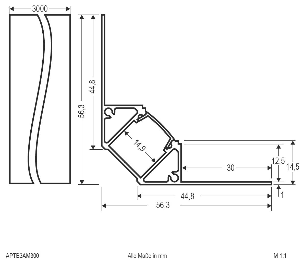 Dessin technique en coupe transversale d'un profil en aluminium courbe, avec des lignes de cote indiquant une largeur de 3000 mm et des mesures de profil en millimètres.