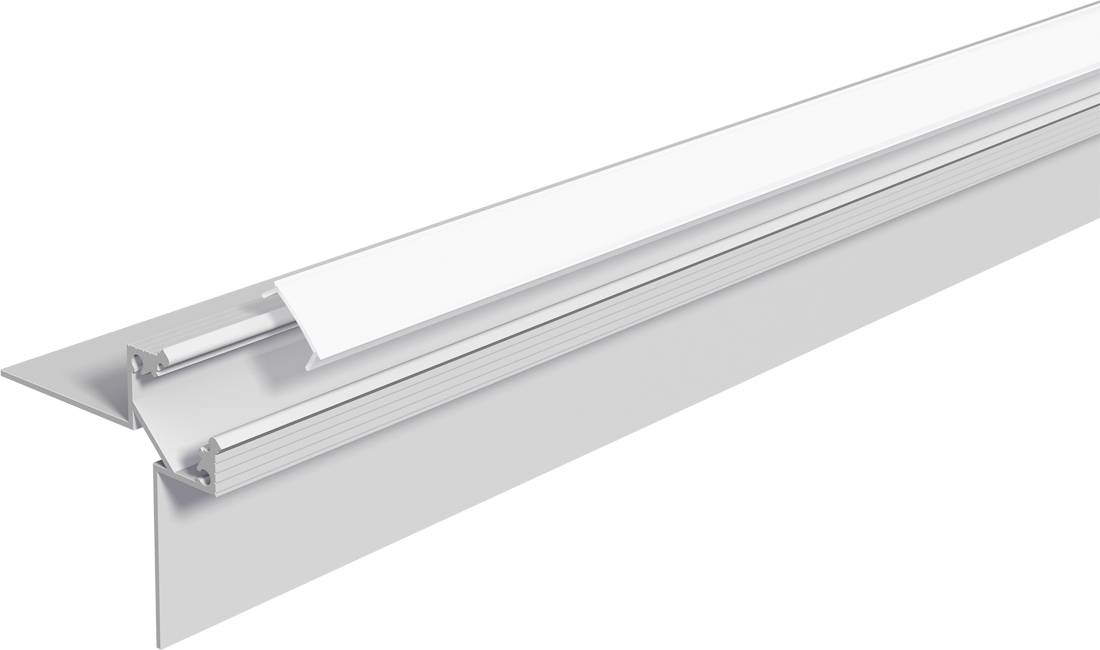 Rendu 3D d'une garniture architecturale métallique ou d'un profil de gouttière, montrant une section de canal pliée avec un couvercle blanc sur le dessus.