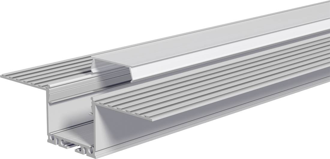 Profil de canal d'éclairage LED linéaire en aluminium avec couvercle diffusant et base de dissipateur thermique à ailettes.