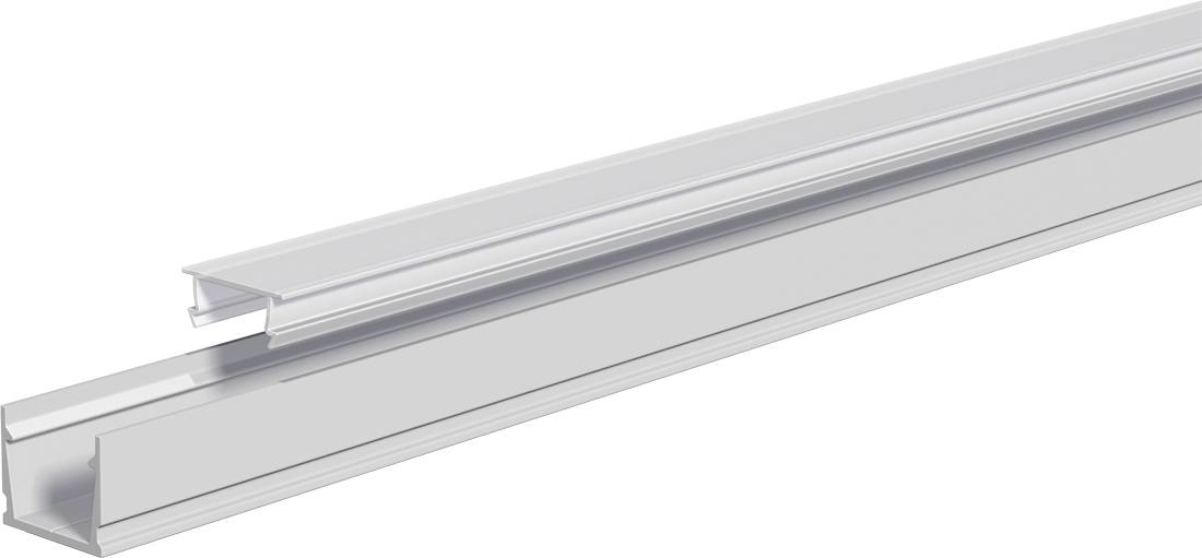 Deux canaux en aluminium argenté, l'un imbriqué au-dessus de l'autre, présentés en diagonale sur un fond blanc.