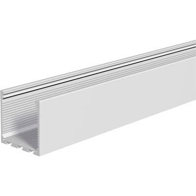 Rendu 3D d'un long profil d'extrusion en aluminium avec une section transversale creuse et nervurée sur un fond blanc.