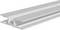 Trois profils d'extrusion en aluminium argenté représentés en perspective, avec des sections transversales en forme de canal et des rainures intérieures nervurées.