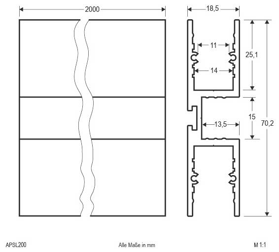 Dessin technique d'un profilé en aluminium de 2000 mm de largeur, présentant les vues de face et de coupe transversale avec les dimensions principales en millimètres.