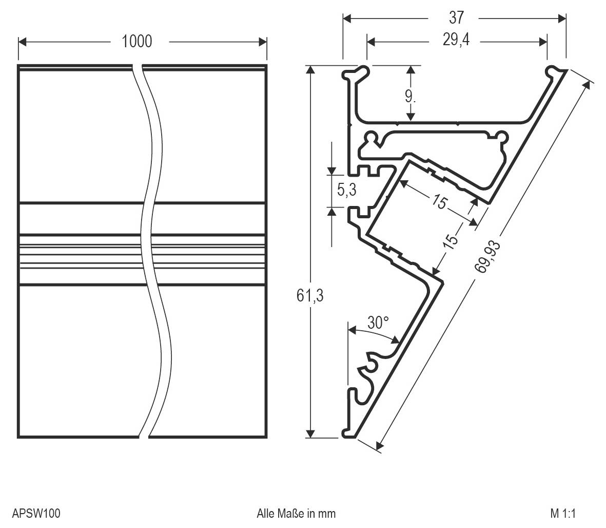 Dessin technique d'une section de profil, montrant les vues de face et de coupe transversale avec les dimensions en millimètres, incluant 1000 de largeur, 61,3 de hauteur, 37 de largeur en haut, et un angle de 30°.