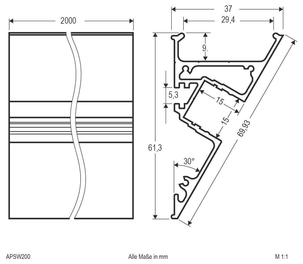 Dessin technique d'une coupe transversale de fenêtre/profil avec dimensions en millimètres, montrant un panneau de largeur 2000 mm sur la gauche et des mesures de section inclinée sur la droite.