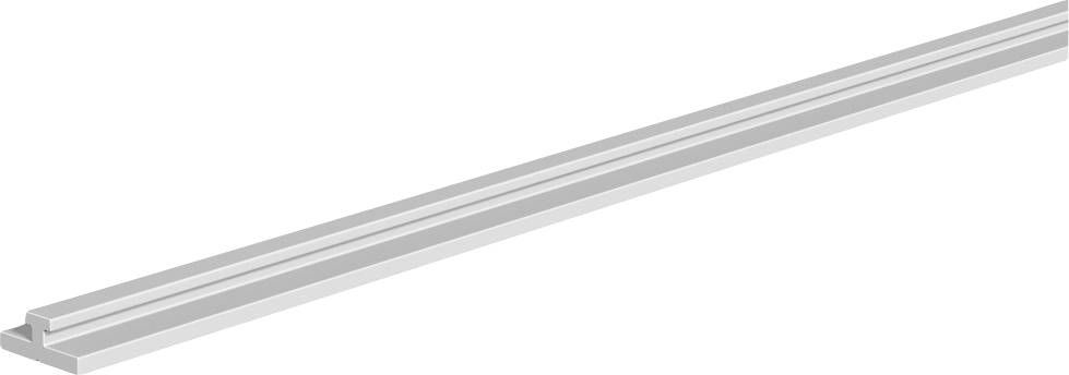 Long canal ou rail en aluminium argenté montré en diagonale sur un fond blanc.