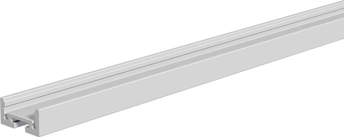 Luminaire LED blanc allongé ou bande lumineuse linéaire représentée en perspective sur fond blanc.