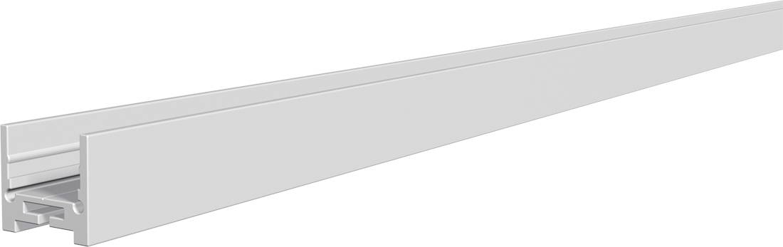 Rail de glissière de tiroir en aluminium blanc avec long panneau frontal rectangulaire et piste de montage visible à une extrémité, présenté sur un fond blanc.