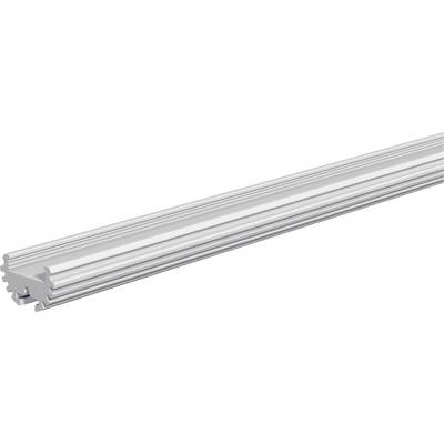 Profil d'extrusion en aluminium argenté avec plusieurs rainures et un canal en T, présenté sur un fond blanc.