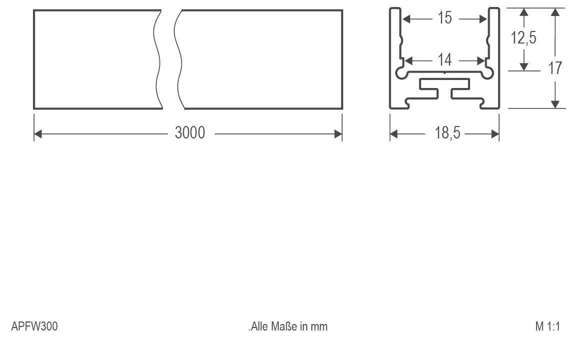 Dessin technique d'un connecteur de profil aluminium, montrant une longueur de 3000 mm et des dimensions de section transversale étiquetées 15, 14, 18,5, 12,5 et 17 mm.