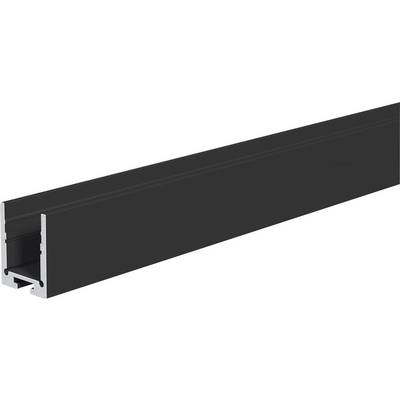 Canal en extrusion d'aluminium noir avec un profil rectangulaire long et une vue à extrémité ouverte, présenté sur un fond blanc.