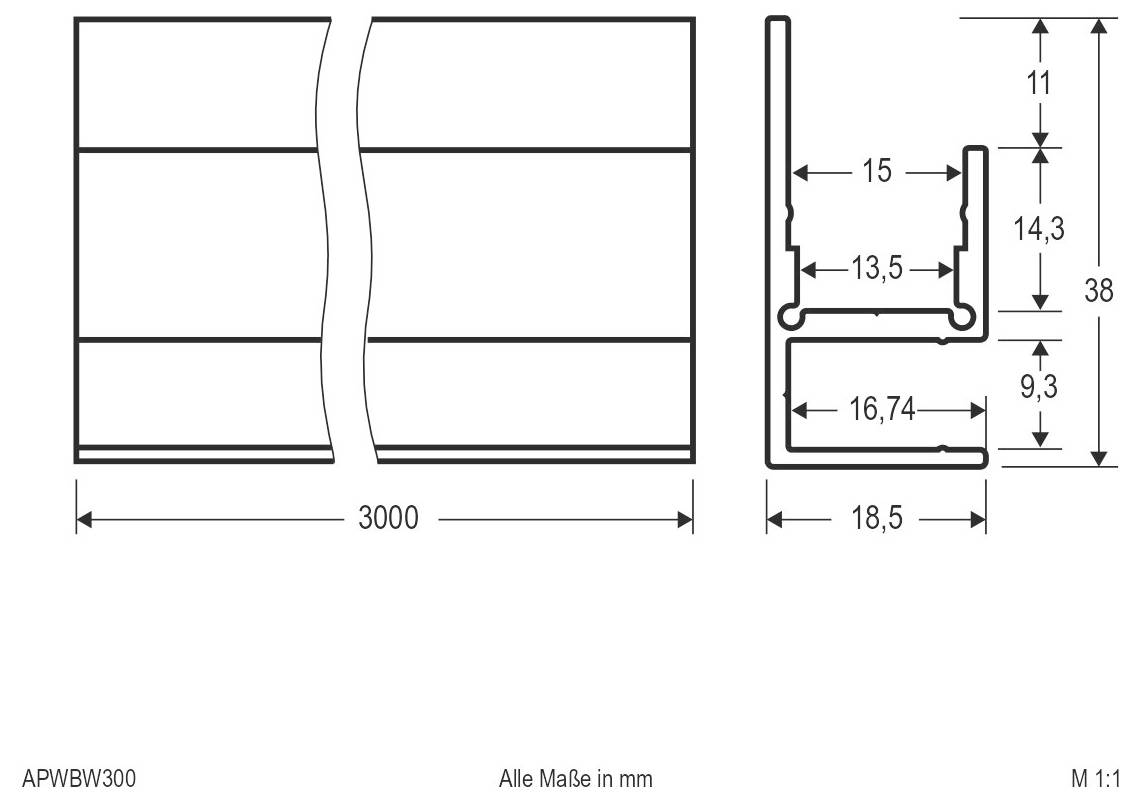 Dessin technique d'un profil de panneau mural, montrant les vues de face et de côté avec les dimensions en millimètres ; largeur 3000 et hauteurs de profil jusqu'à 38 mm.