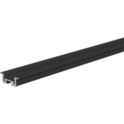 Profil d'extrusion en aluminium noir avec un sommet cannelé et nervuré et une section transversale en forme de canal en U, présenté sur un fond blanc.