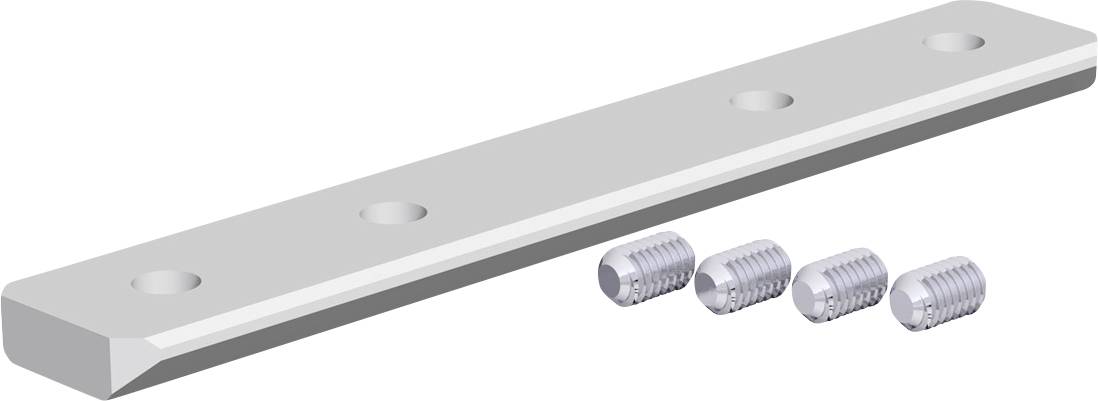 Règle métallique avec quatre inserts filetés ou vis présentés à côté sur un fond blanc.