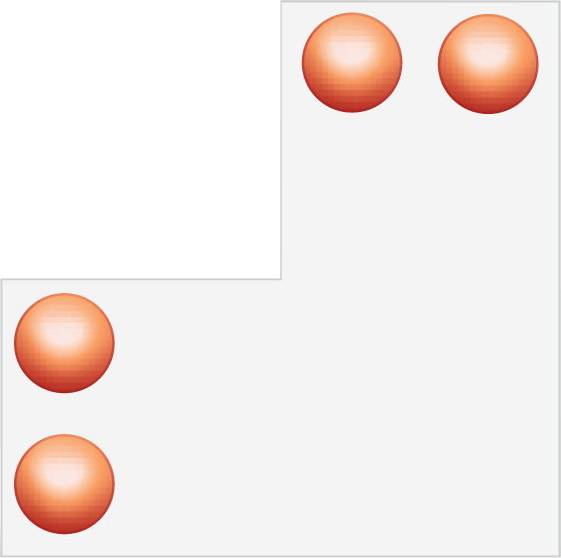 Pièce de puzzle en forme de L de couleur blanche avec quatre points circulaires orange, deux en haut à droite et deux le long du côté gauche.