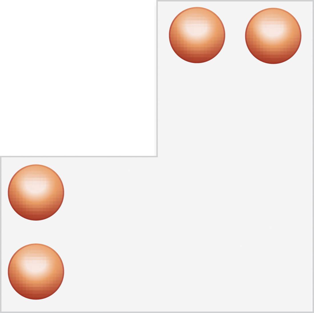 Diagramme abstrait d'une forme blanche en escalier avec quatre marqueurs circulaires orange, deux en haut à droite et deux le long du côté gauche.