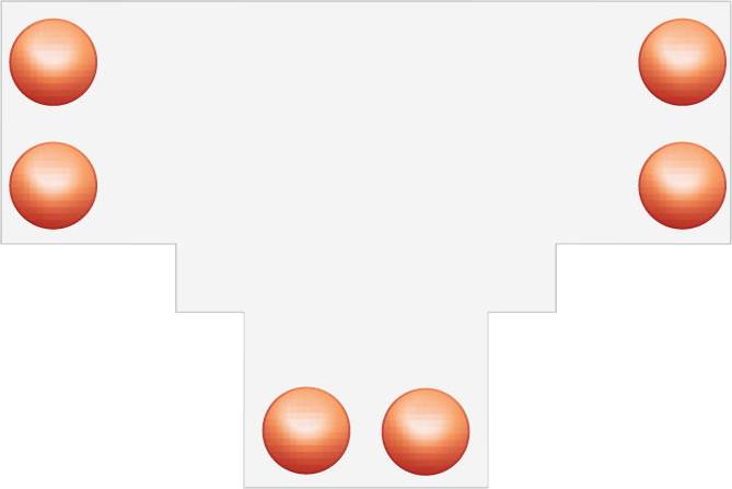 Diagramme avec six marqueurs circulaires orange sur un fond blanc en forme de T étagé, suggérant des points de connexion ou des positions de nœuds.